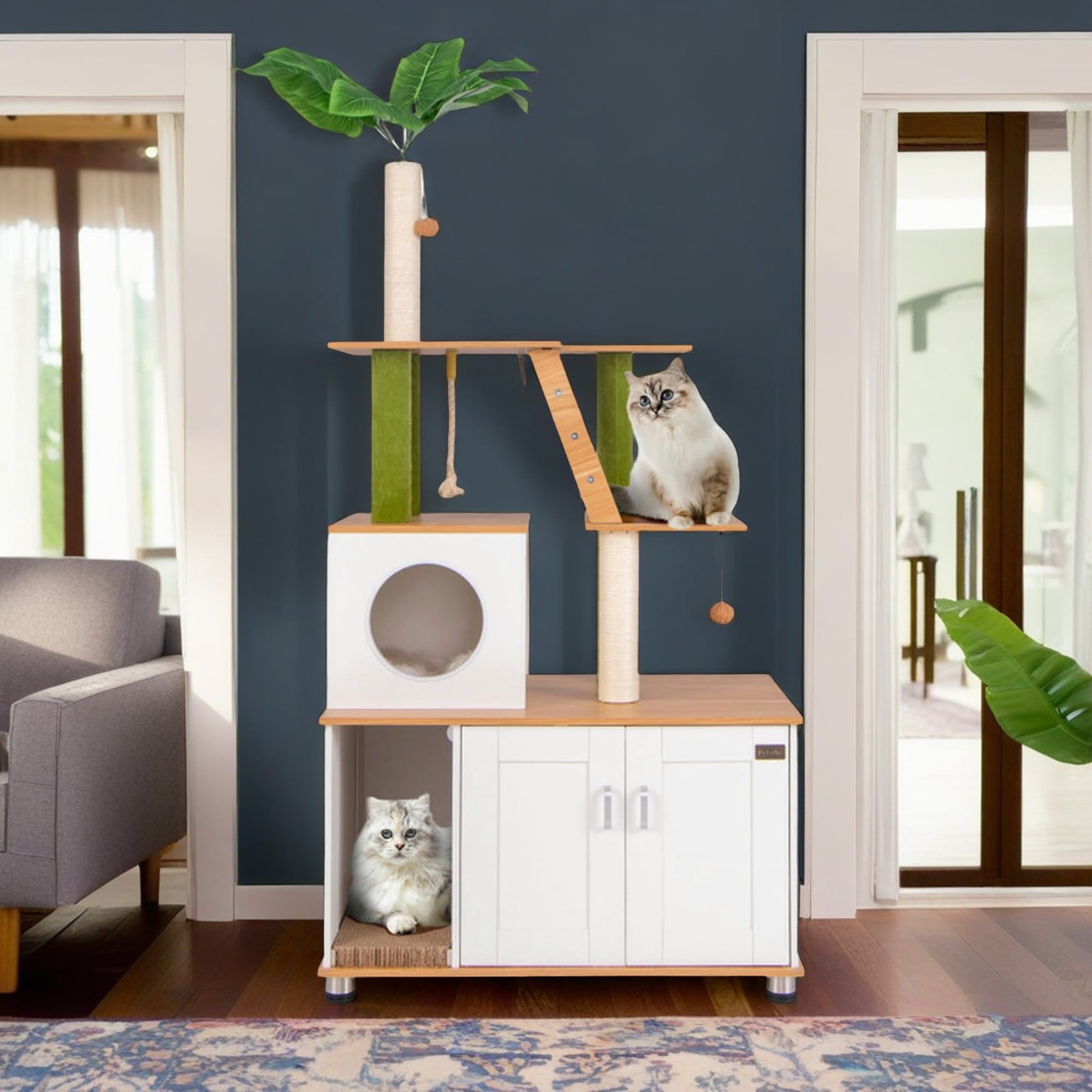 resenkos 69" Cat Tree with Litter Box Enclosure, Modern Cat Tower for Indoor Cats with Condo, All-in-one Cat Washroom Furniture, White