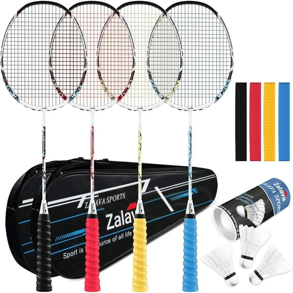 Badminton Racquets Set Professional Badminton Rackets Lightweight,4 Pack Carbon Fiber, 3 Feather Shuttlecocks, 2 Protect Case, 4 Overgrip,for Beginners,Advanced Players