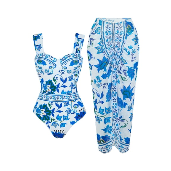 Lopeceal Women's Floral One Piece Swimsuit with Cover Up Set Tummy Control Bathing Suit Beach Wrap Skirt