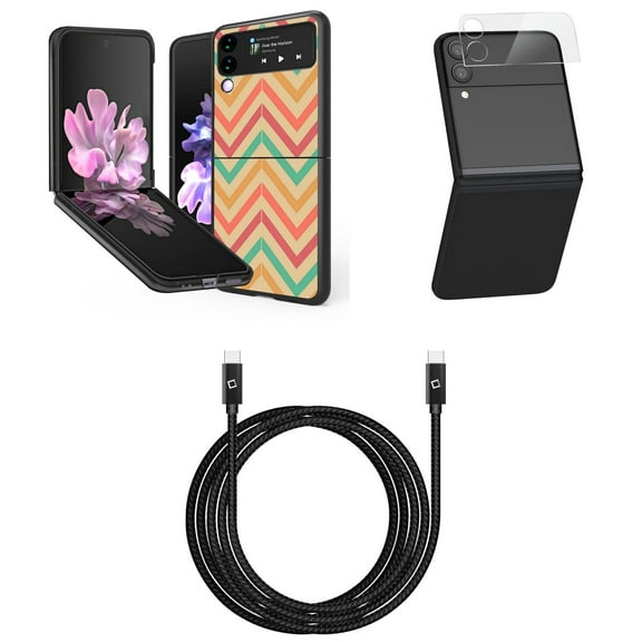 Bemz Premium Bundle for Samsung Galaxy Z Flip 3 5G: Slim Snap-On Protector Case (Coral Chevron), Rear Camera Glass Protector, Nylon Braided USB-C to USB-C Cable (4 Feet)