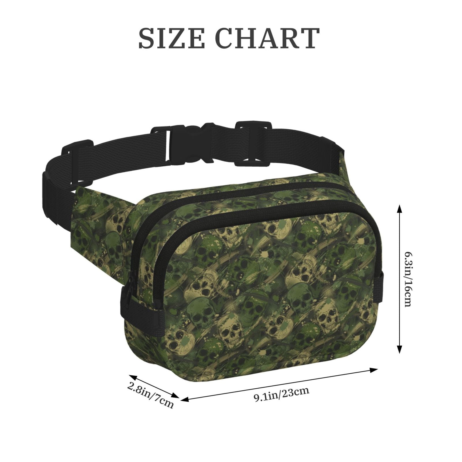 Rateoe Green Camouflage Skull Print Fanny Pack Belt Bag for Women and Men, Square Double-Layer Waterproof Waist Pack with Adjustable Strap for Hiking, Jogging, Cycling
