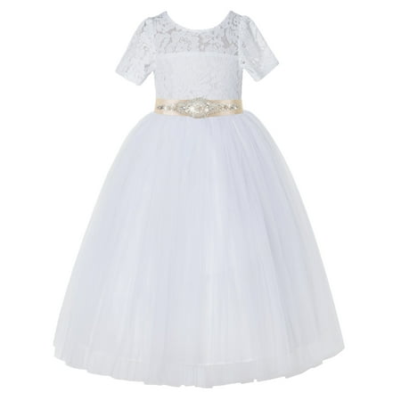 

White Floral Lace Tulle Flower Girl Dresses Wedding Reception LG2R7