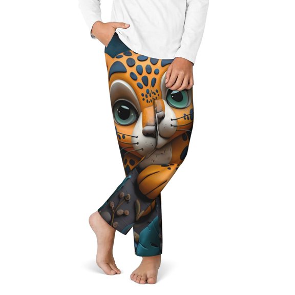 Gukieu Playful Leopard Art Print Youth Home Trousers, Elastic Waistband with Pockets for Home and Outing, Suitable for Children Aged 5-16-XS(5-6)