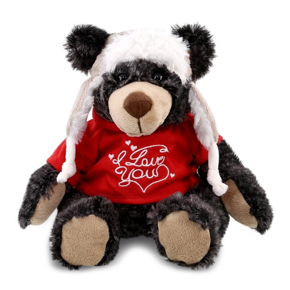 DolliBu I LOVE YOU Black Bear with Clothes Plush - Cute Stuffed Animal with Red Shirt For Valentine, Anniversary, Romantic Date, Boyfriend, or Girlfriend Gift - 10 Inches