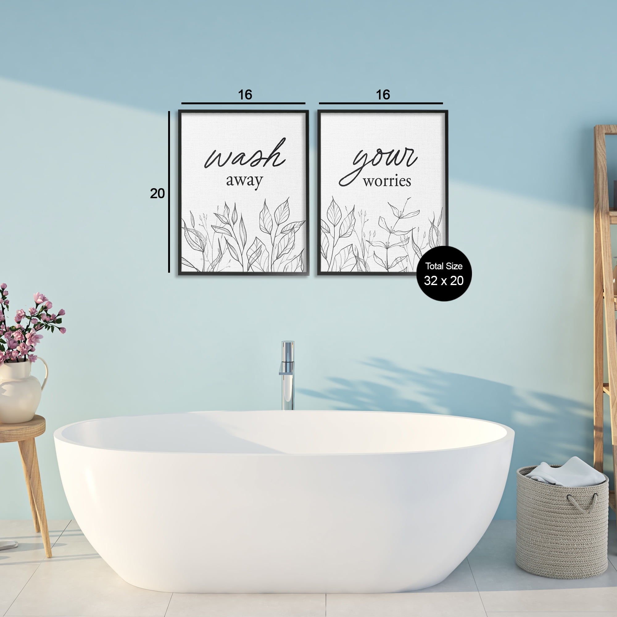 Wash Away Worries Minimalist Leaves 2 Piece Black Framed Giclee Art Set, design by Lettered and Lined