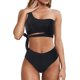 thumbnail image 1 of Women Plain Solid Padded Bikini Set One Shoulder Bra Top High Waist Briefs Lace-up Swimsuit Summer Beach Sexy Swimwear, 1 of 3