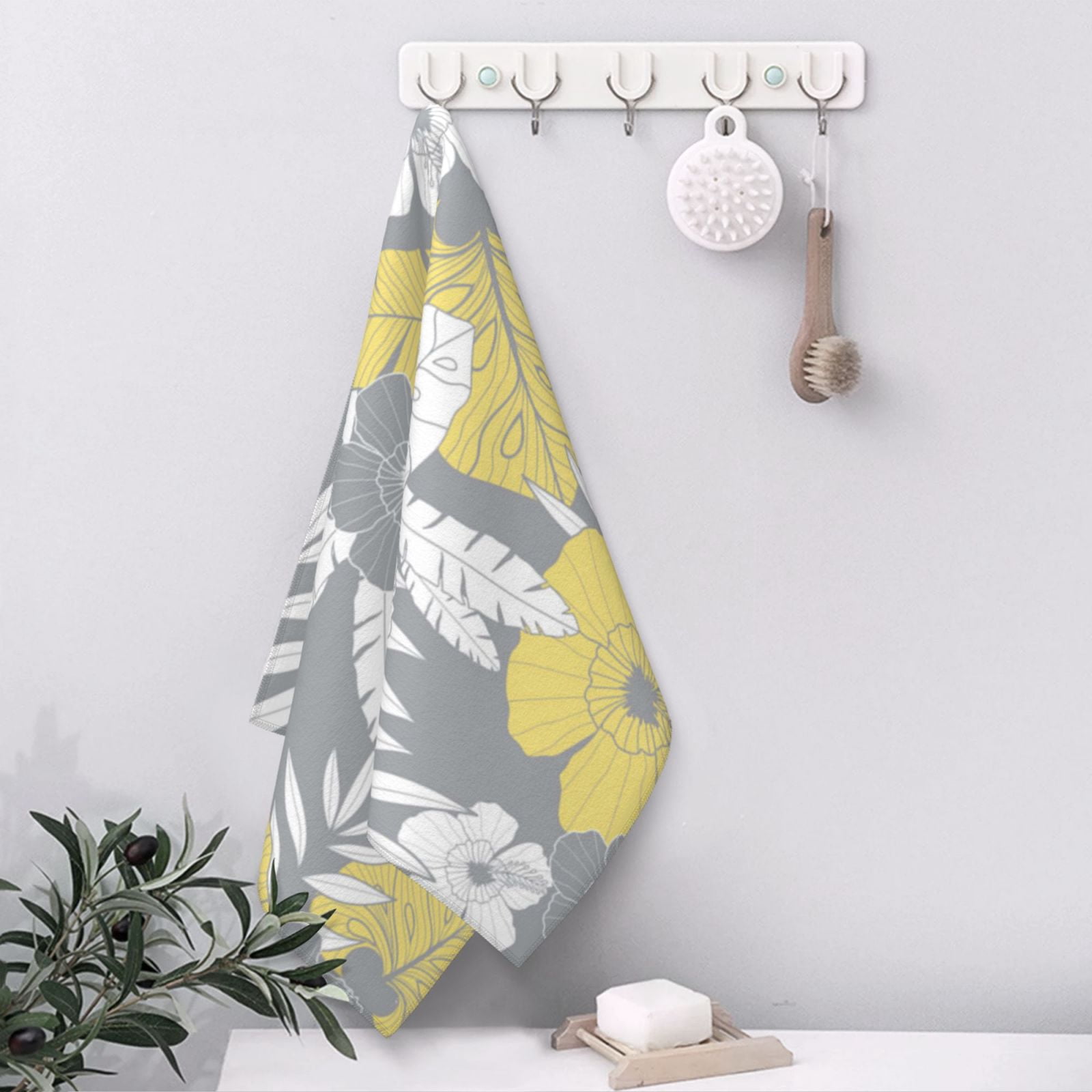 Light Yellow Grey Tropical Floral 27.5" x 16" Ultra Soft Hand Towel, Face Wash Cloth for Bathroom, Gym, Travel, Pool