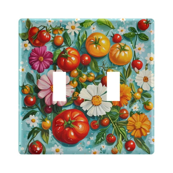 Yayeee Toggle Light Switch Wall Plate 2-Gang 4.56"x4.48" Decorative Outlet Cover, Pink Floral Tomatoes