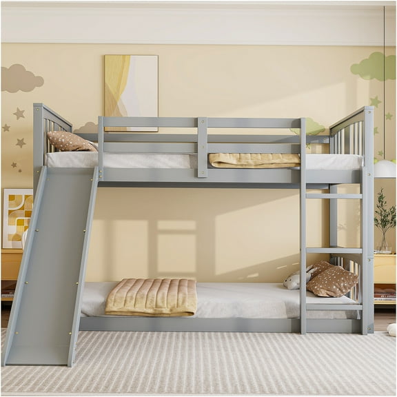 JERFIT Twin over Twin Bunk Bed with Slide, Ladder, Gray Finish, Space-Saving Design for Bedrooms