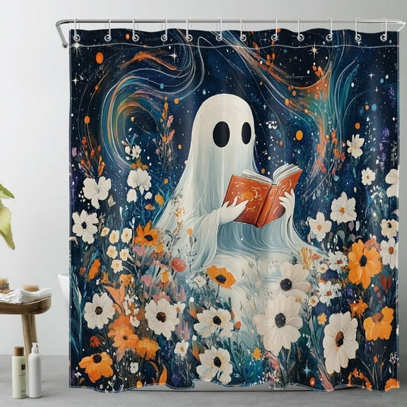 HVEST Halloween Ghost Floral Shower Curtain with Cute Funny Ghost Reading Book Design - Fantasy Sky Bathroom Decor, Waterproof Polyester Fabric, Includes 12 Hooks, 72x78 Inches