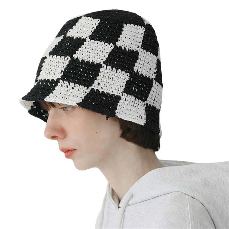 Women Crochet Bucket Hat Plaid Wide Brim Fisherman Hats Outdoor Sun Cup  Beach Head Wear straw Hat
