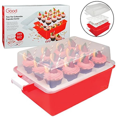 Cupcake Carrier - 2 Tier Collapsible Cupcake Container with Locking Handles & Lid