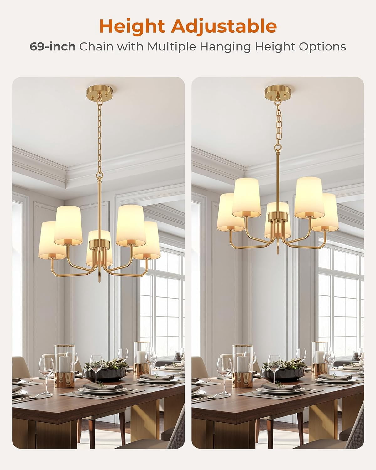 25" Farmhouse Chandelier with Fabric Shade,5-Light Chandelier Lighting Fixture for  Kitchen, Dining Room，Gold