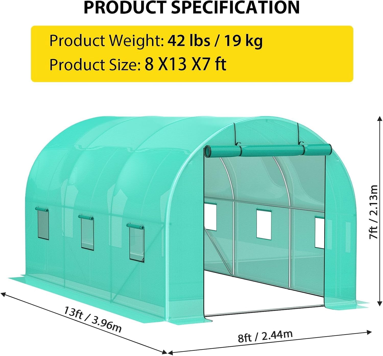 Acekid 8x13x7FT Walk-in Greenhouse, Portable Tunnel Tent with 19x0.6 Galvanized Pipes, Full-Opening Zipper Door & 6 Screen Windows, Outdoor Greenhouse