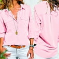 thumbnail image 3 of Women Casual Solid Long Sleeve Turn Down Collar Pockets Button Front Shirt Tops, 3 of 9