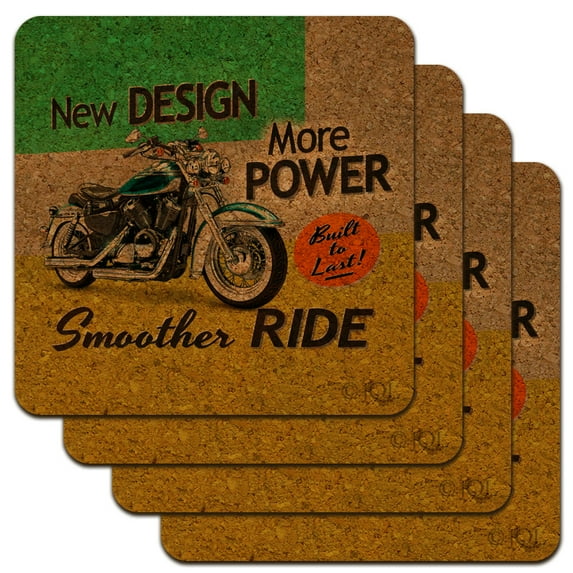 Retro New Motorcycle Bike Sign Low Profile Novelty Cork Coaster Set