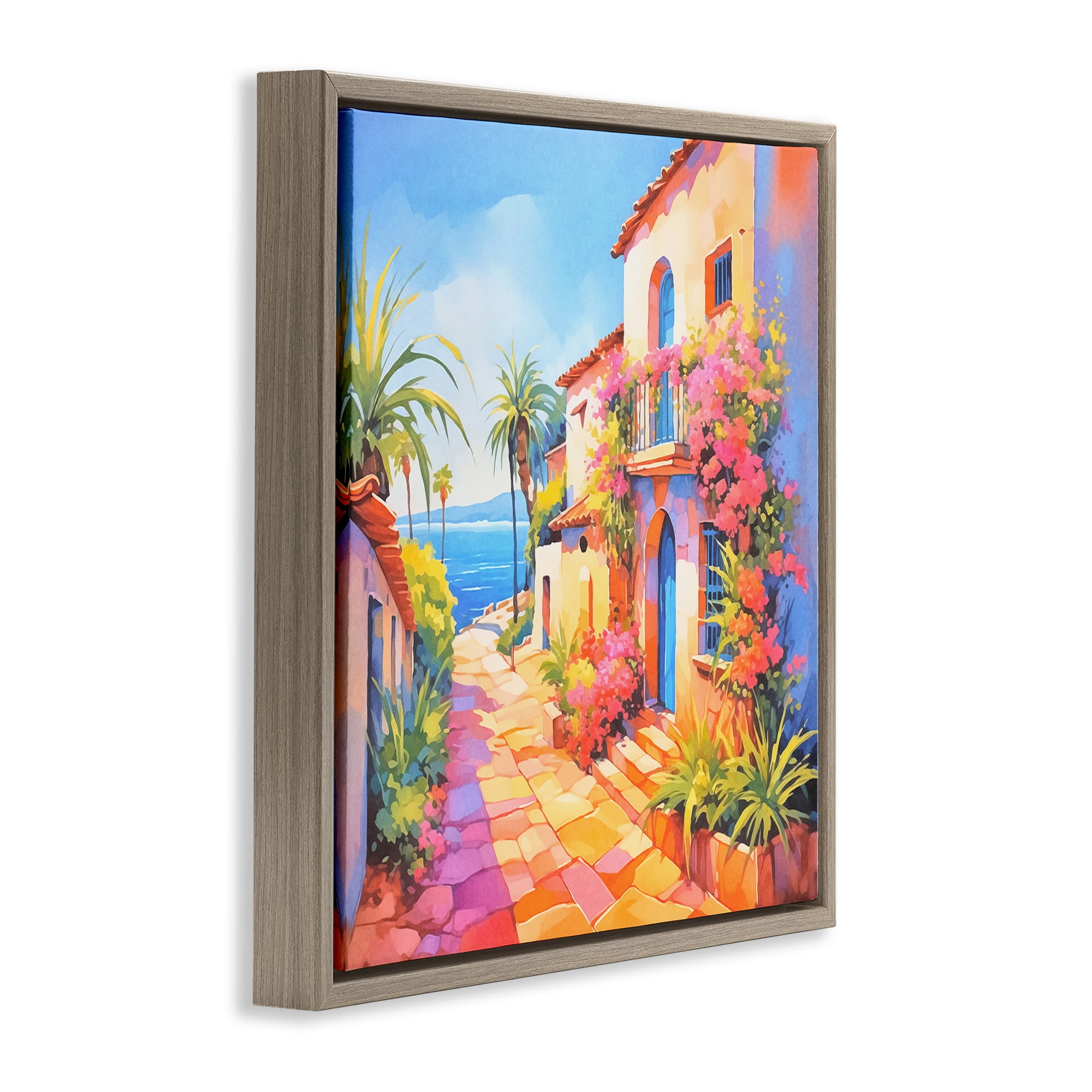 Stupell Industries Tropical Bella Vista Scenic & Cityscapes Painting Brown Floater Framed Canvas Art Print Wall Art, 18 x 18