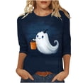 thumbnail image 2 of Women Halloween Ghost Pumpkin Bat All Over Print Crew Neck 3/4 Sleeve Casual T-Shirt Navy S, 2 of 5