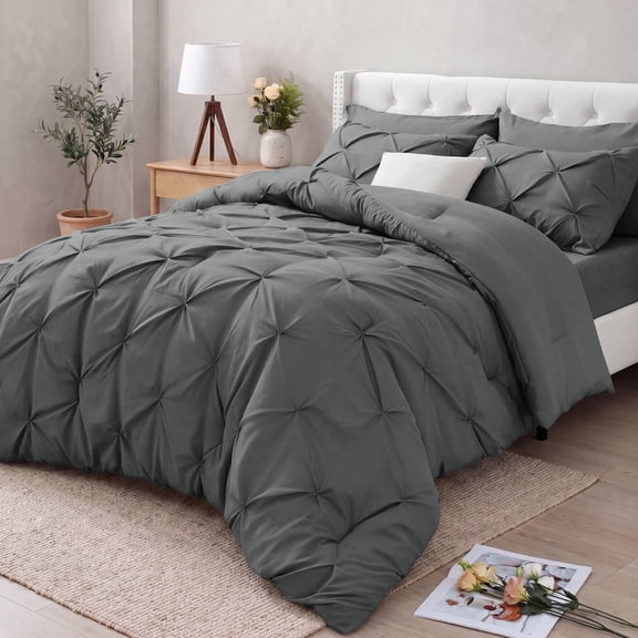 Queen Size Comforter Set, 7 Pieces Pintuck Down Alternative Bedding Set for All Season, Bed in a Bag with Comforter, Fitted Sheet, Flat Sheet, Pillowcases & Pillow Shams, Grey