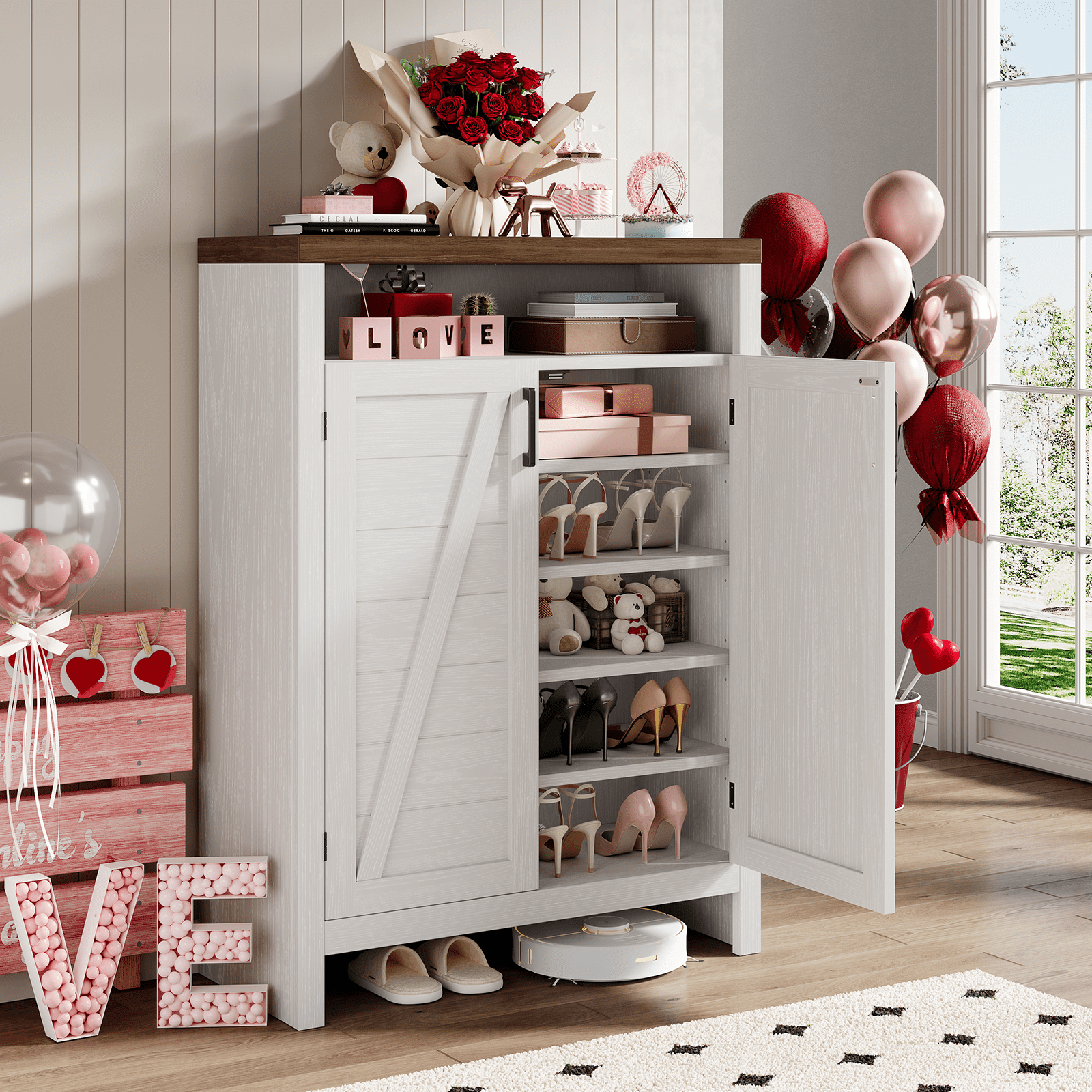 ONBRILL 6-Tier Shoe Cabinet with Doors, Farmhouse Shoe Storage Cabinet with Adjustable Shelves, Large Capacity Wooden Shoe Rack Organizer for Entryway, Closet, Hallway, Living Room, White
