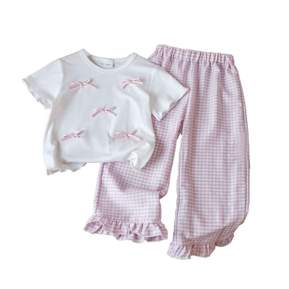 MEZZALL Summer Toddler Girls Short Sleeve Bowknot T-Shirt Tops Ruffles Plaid Pants Outfits Cute Baby Wear