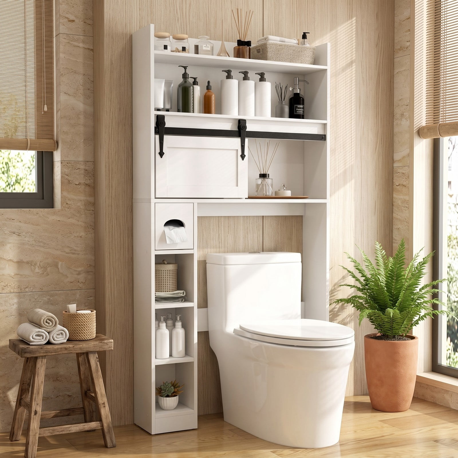ALPULON Over The Toilet Storage Cabinet with Sliding Barn Door and 2 Adjustable Shelves, Freestanding Bathroom Space Saver Organizer Over Toilet, White