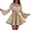thumbnail image 2 of CEHVOM Women Off TheShoulder Ruffle Printing Long Sleeve Draw Back Skirt Bud Dress, 2 of 6