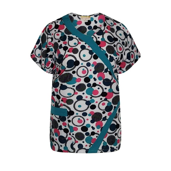 Pepino Uniforms Printed Teal Polka Dot V-Neck Trim Scrub Top