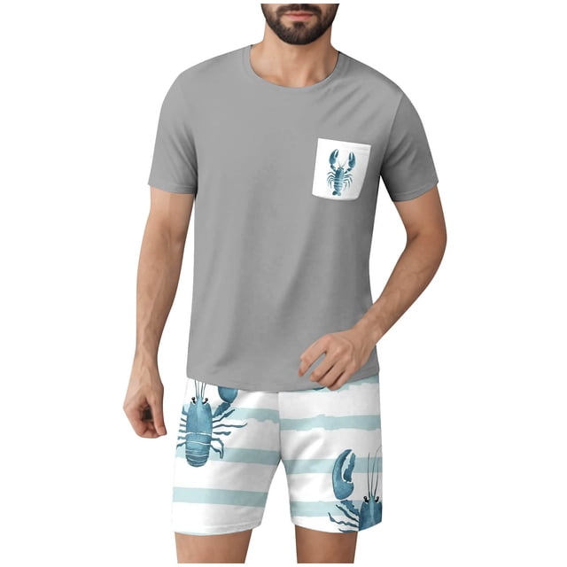 Ensembles de Pyjamas 2 Pcs pour Hommes Ultra Doux Texturés Costumes Athlétiques Extensibles Col Rond Manches Courtes Chemises Athlétiques Extensibles Séchage Rapide Vêtements de Détente Shorts Ensembles d'Été Hommes 2 Pcs Chemise de Nuit