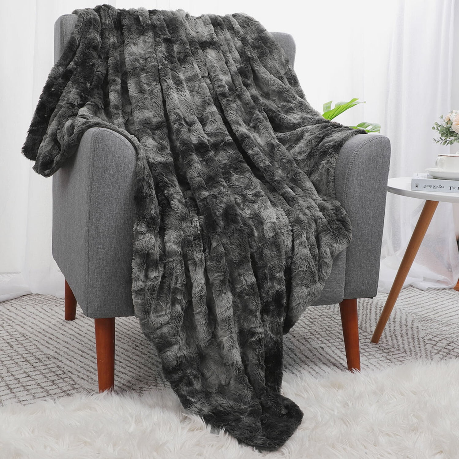 Grey 60×80 Faux Fur Throw Blanket Machine Washable Luxury Soft Plush Shaggy Fleece Blanket 
