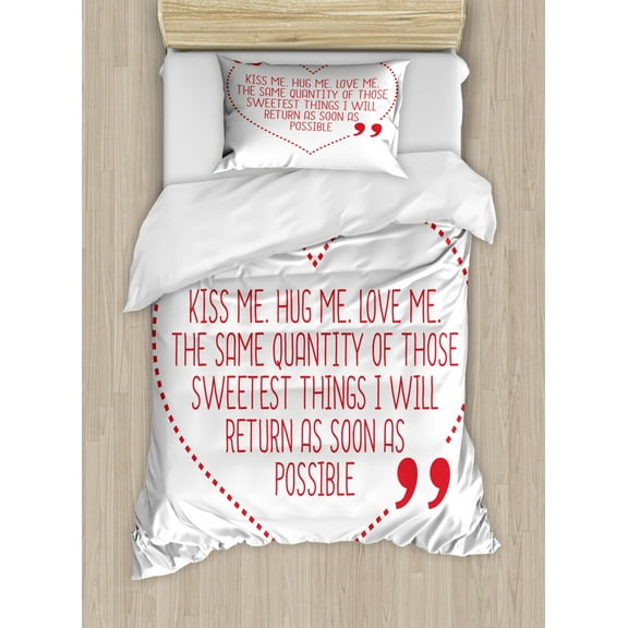 Hug Duvet Cover Set Twin Size, Funny Valentine Day Themed Long Text in Outline Heart Kiss Me Hug Me Love Me, Decorative 2 Piece Bedding Set with 1 Pillow Sham, Dark Pink White, by Ambesonne