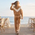 thumbnail image 6 of Szluipve Women’s Color Block Tracksuit 2 Piece Outfits Half Zip Stand Collar Chevron Patchwork Sweatshirt & Side Stripe Wide Leg Pants Casual Loungewear Set Khaki 2XL, 6 of 7