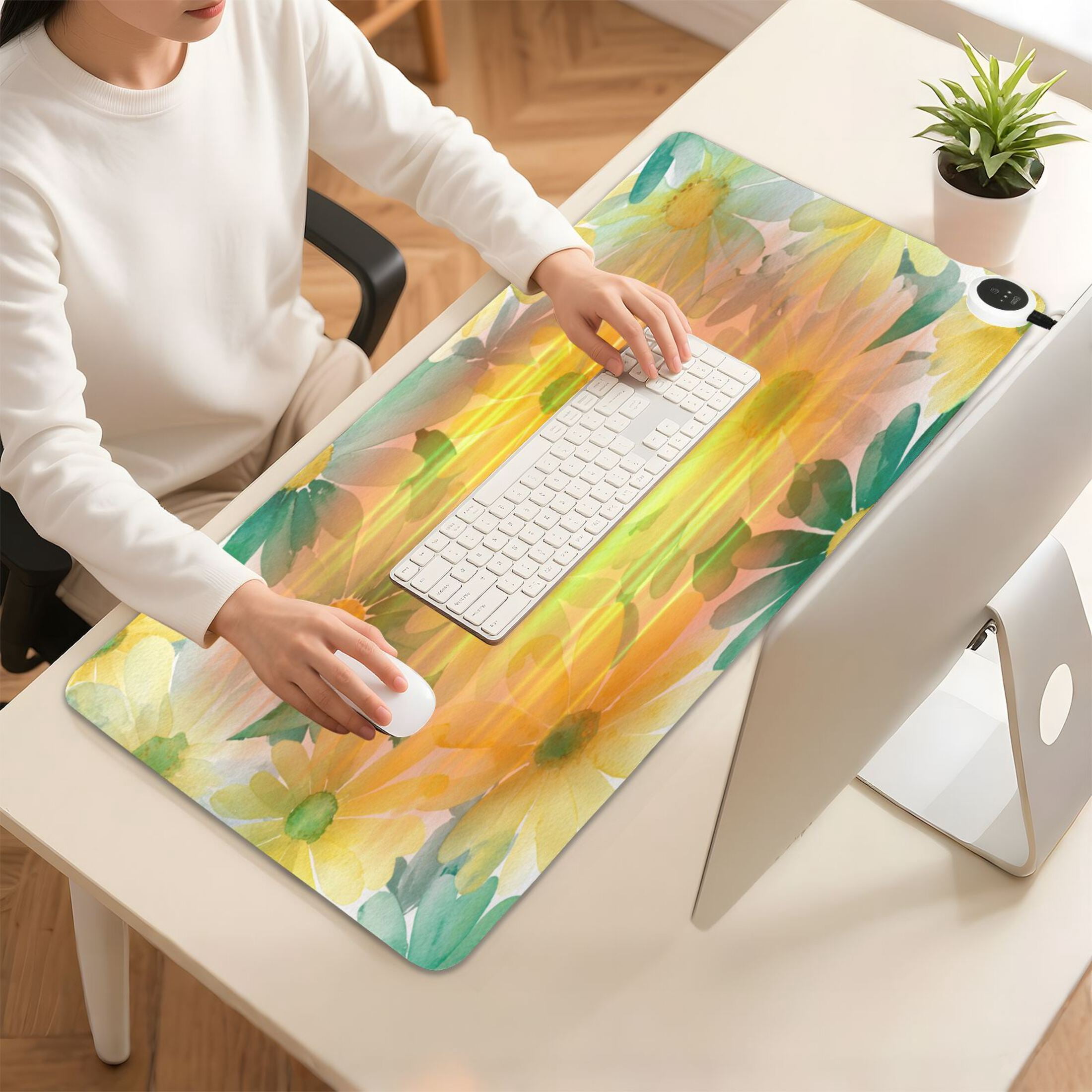 Large Heated Desk Mat Mouse Pad 31.5"x13"PU Leather Graphene Heating Desk Warmer with 3 Temperature Settings 110V US Plug Non-Slip Warm Pad for Home, Office, and Gaming Teal Yellow Daisy Print