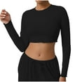 thumbnail image 1 of JGGSPWM Hauts Courts à Manches Longues pour Femmes Entraînement Vêtements de Base pour Femmes Ajustés Ajustés Unis Col Rond Mignons Chandails de Yoga Noir G, 1 of 6