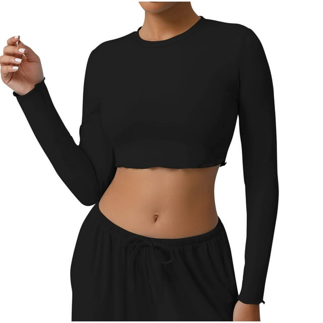 JGGSPWM Hauts Courts à Manches Longues pour Femmes Entraînement Vêtements de Base pour Femmes Ajustés Ajustés Unis Col Rond Mignons Chandails de Yoga Noir G