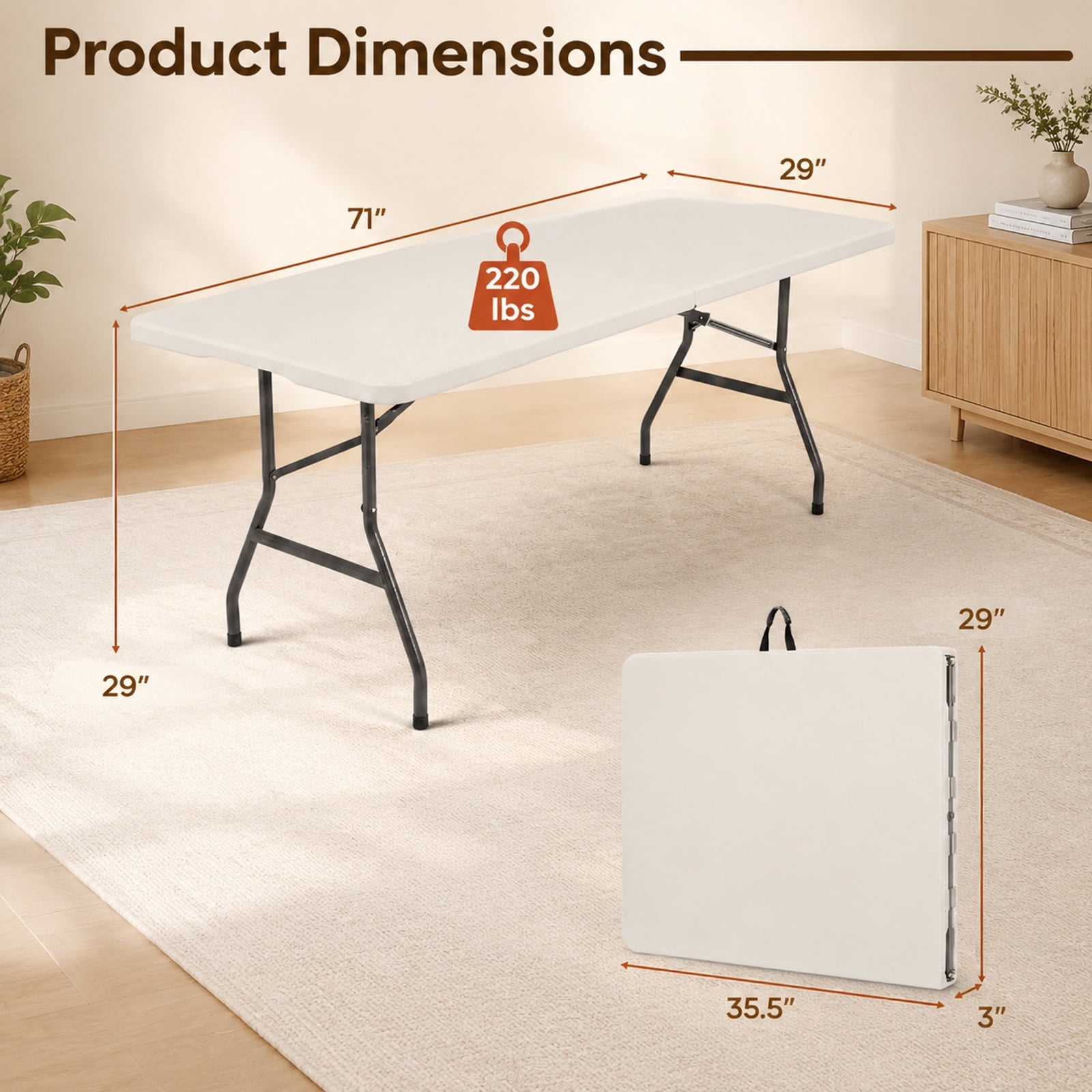 Biotree 6 FT Folding Table Plastic Fold-in-Half, Portable HDPE Camping Utility Table with Handle and 220 lbs Capacity for Party Picnic, White