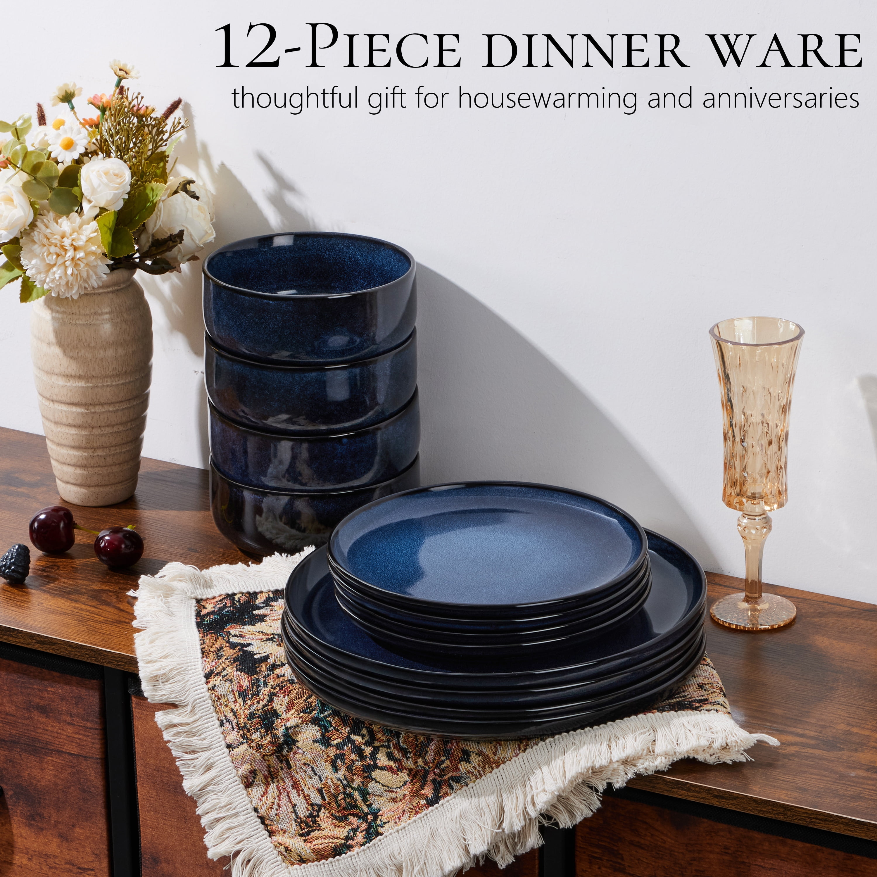 weles 食器　セット Vesteel Dinnerware Sets for 4, 12-Piece Stoneware Plates and Bowls