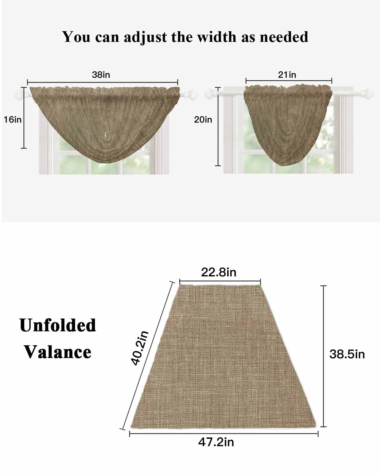 Brown Waterfall Valances for Windows, Farmhouse Burlap Solid Beige Color Modern Linen Texture Sheer Valance Curtains, Rod Pocket Elegant Swag Valances for Living Room Bedroom, 47.2"x38.5", 3 Panel