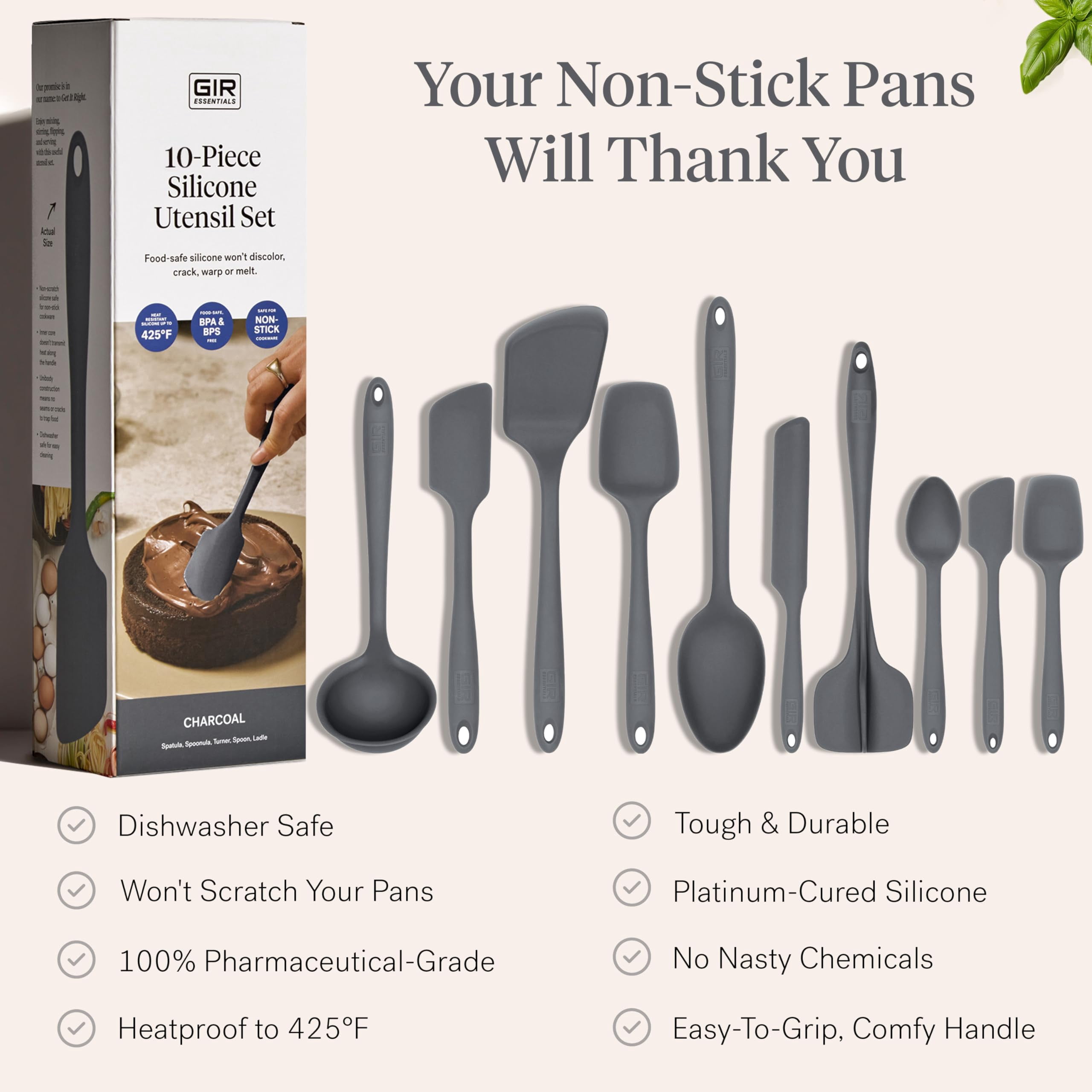 GIR Get It Right 10 Piece Essentials Silicone Cooking Utensils Set Nonstick 425°F Heat Resistant Kitchen Utensils Set for Cooking and Baking, Charcoal