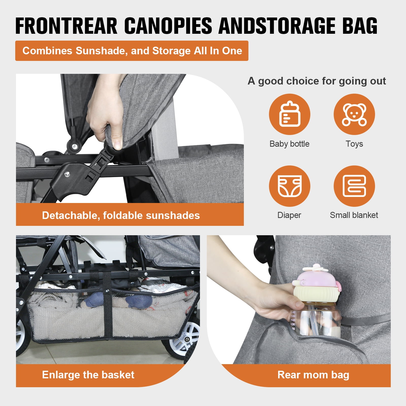 HUART Double Stroller, can Sit and Lie Down Lightweight Folding Children's Stroller, Gray