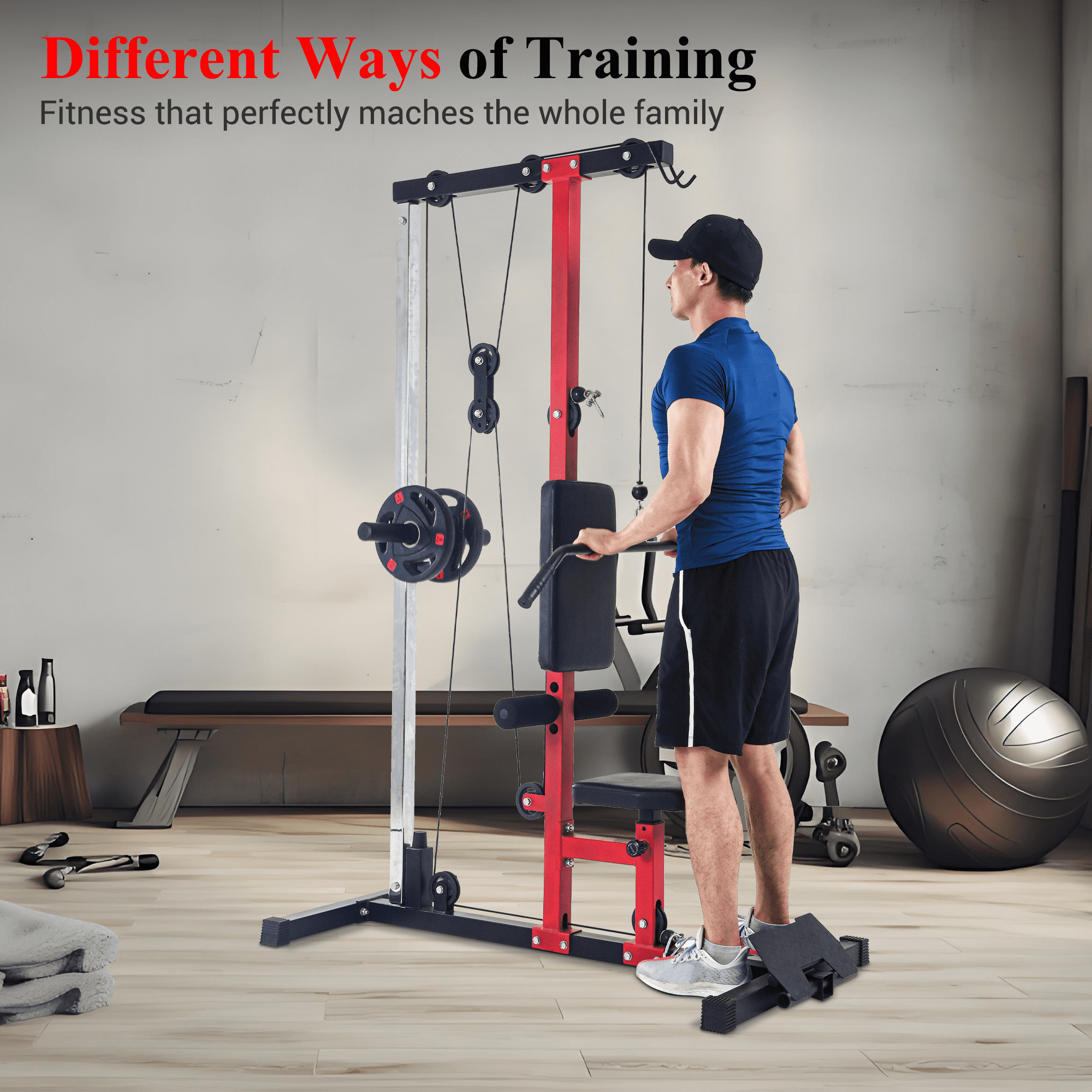LAT Power Cable Machine, LAT Pull Down Machine with High and Low Pulley Station and Adjustable Leg Support, Back Exercise Equipment for Home Gym Body Strength Training