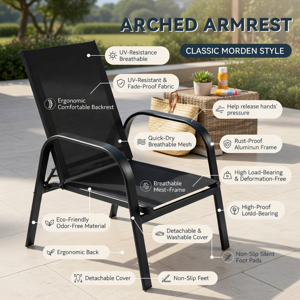Hommoo 2-Pack Outdoor Dining Chairs with Armrests, Heavy-Duty Steel Frame, Breathable Fabric, All-Weather Patio & Balcony Seating, Black