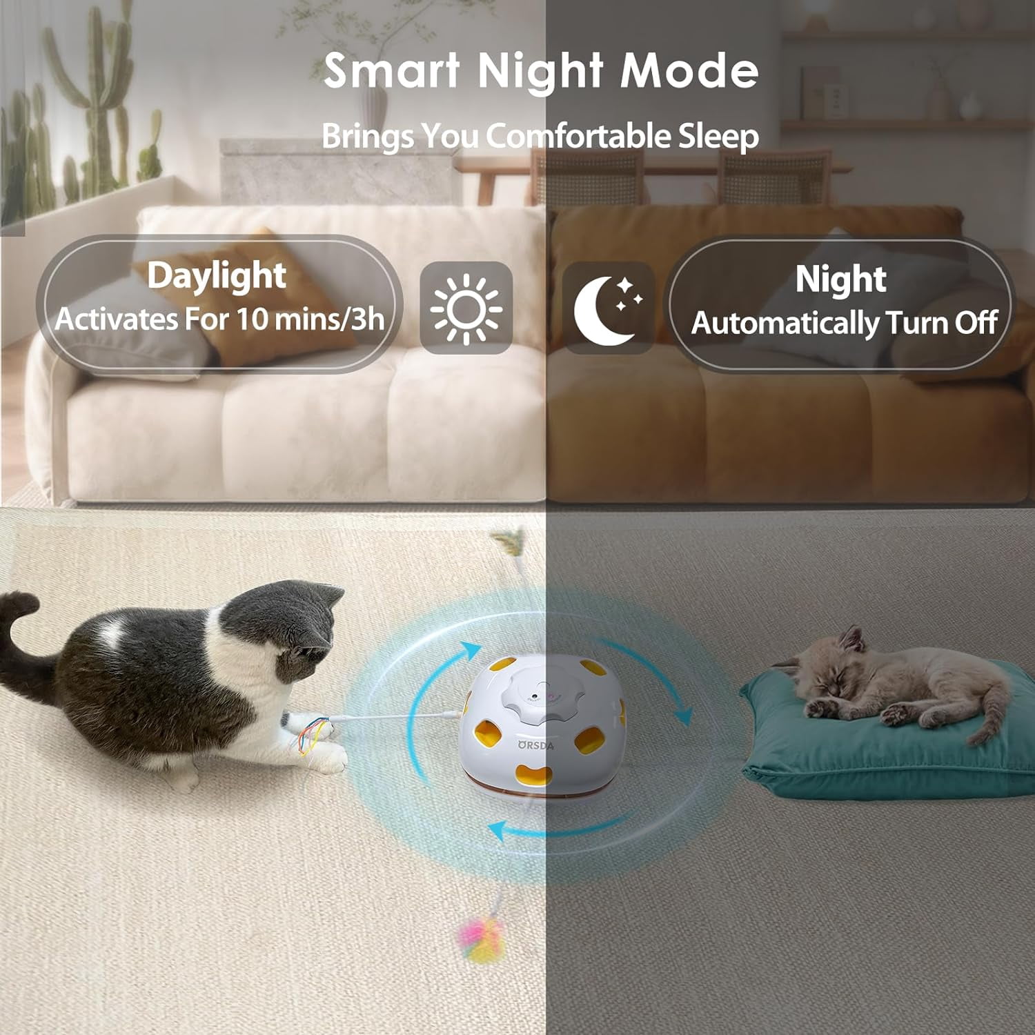 ORSDA Cat Toys Rechargeable, 4in 1 Interactive Kitten Toy for Indoor Cats, Automatic Hide and Seek Self Play Cat Feather Wand Toy with Smart Sensing, Whack a Mole, Chase Feather for All Breeds