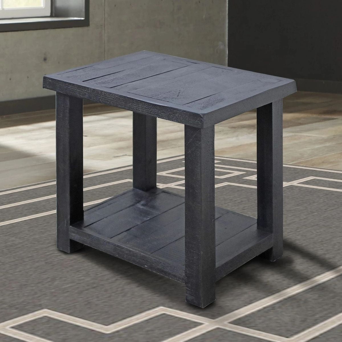 FC Design Solid Wood Side Table with Open Shelf in Rustic Dark Grey