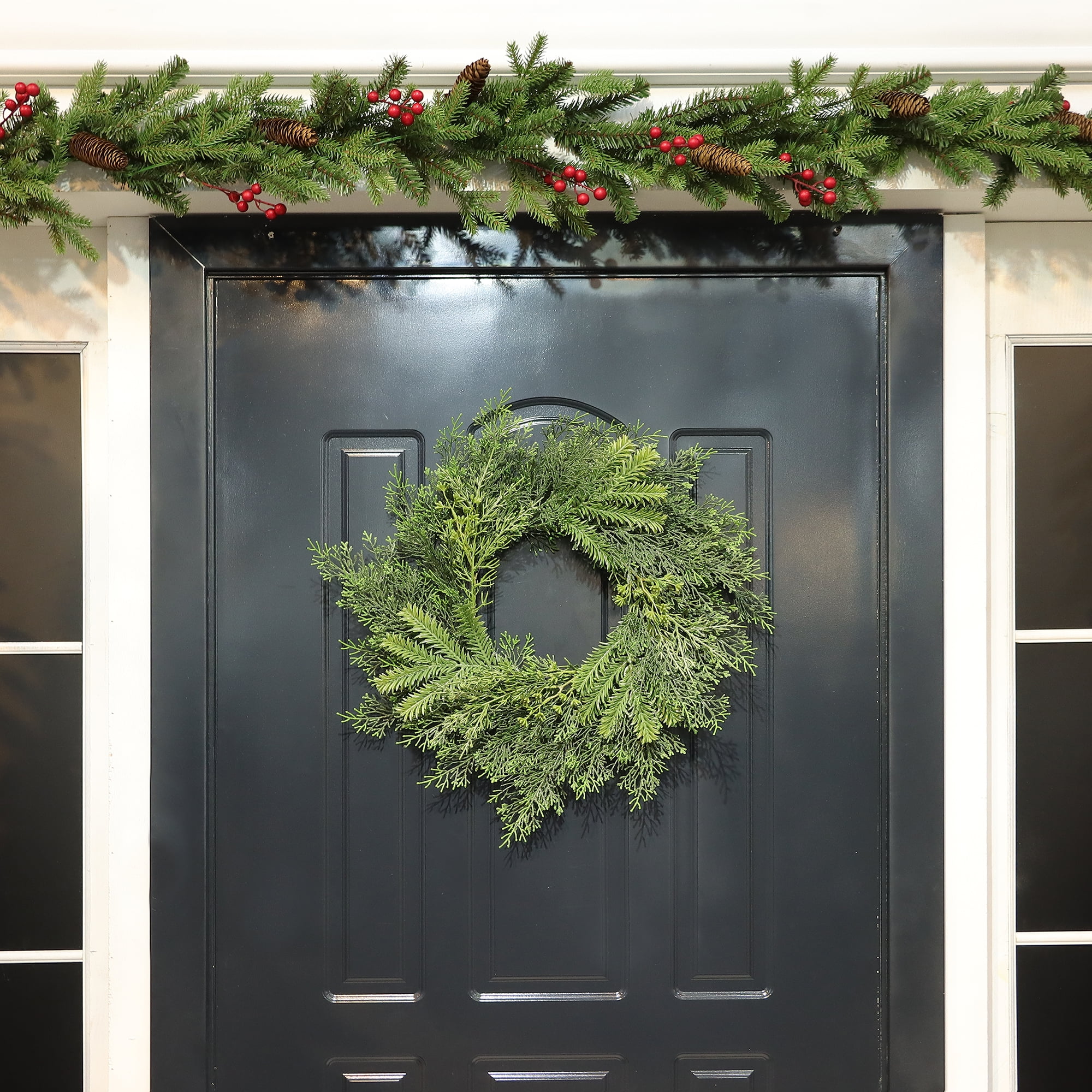 Mainstays 18 inch Artificial Green Pine Round Wreath, for Door or Wall, Metal Base