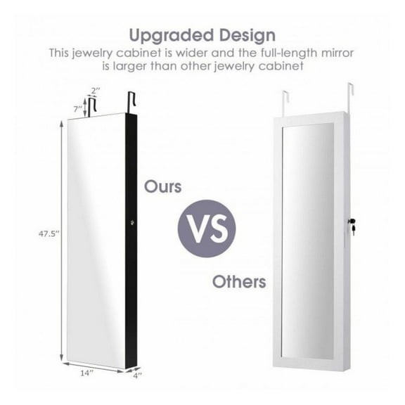 Jewelry Cabinet, Mirrored Wall & Door Mounted with Lights - Black/White/Brown - 54.5" Full Length - Lockable, 98 Ring Slots, 6 Shelves, 36 Hooks - Bedroom Jewelry Organizer