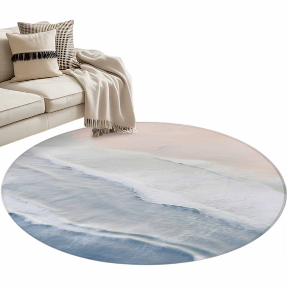 Navy Blue Coastal Wave Round Area Rug 4 FT, Non Slip Indoor Outdoor Rug, Summer Modern Ocean Beach Washable Soft Circular Carpet Non-Shedding Floor Mat for Coffee Table Nursery Foyer Balcony