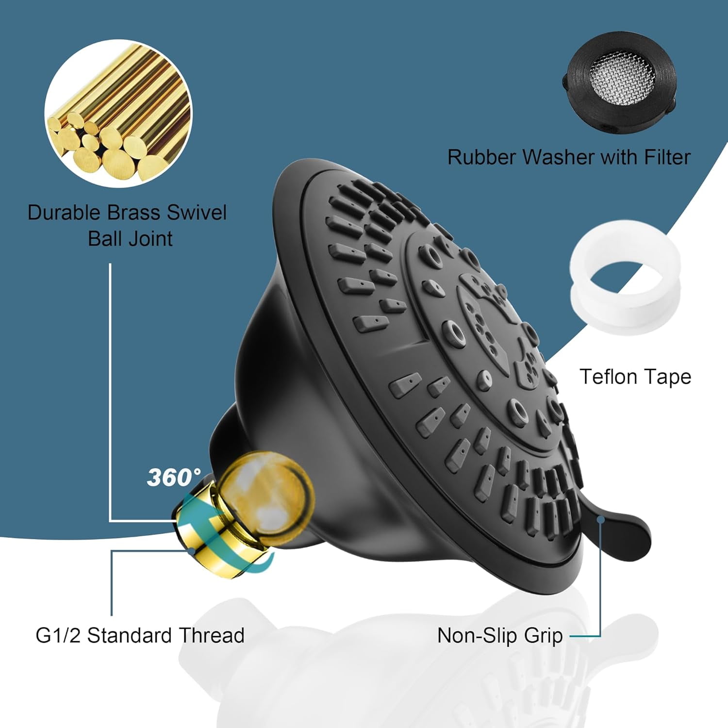 BRIGHT SHOWERS Shower Head High Pressure Rain Showerhead 5 Spray Setting Fixed Shower head Angle Adjustable Bathroom Showerhead, Oil Rubbed Bronze
