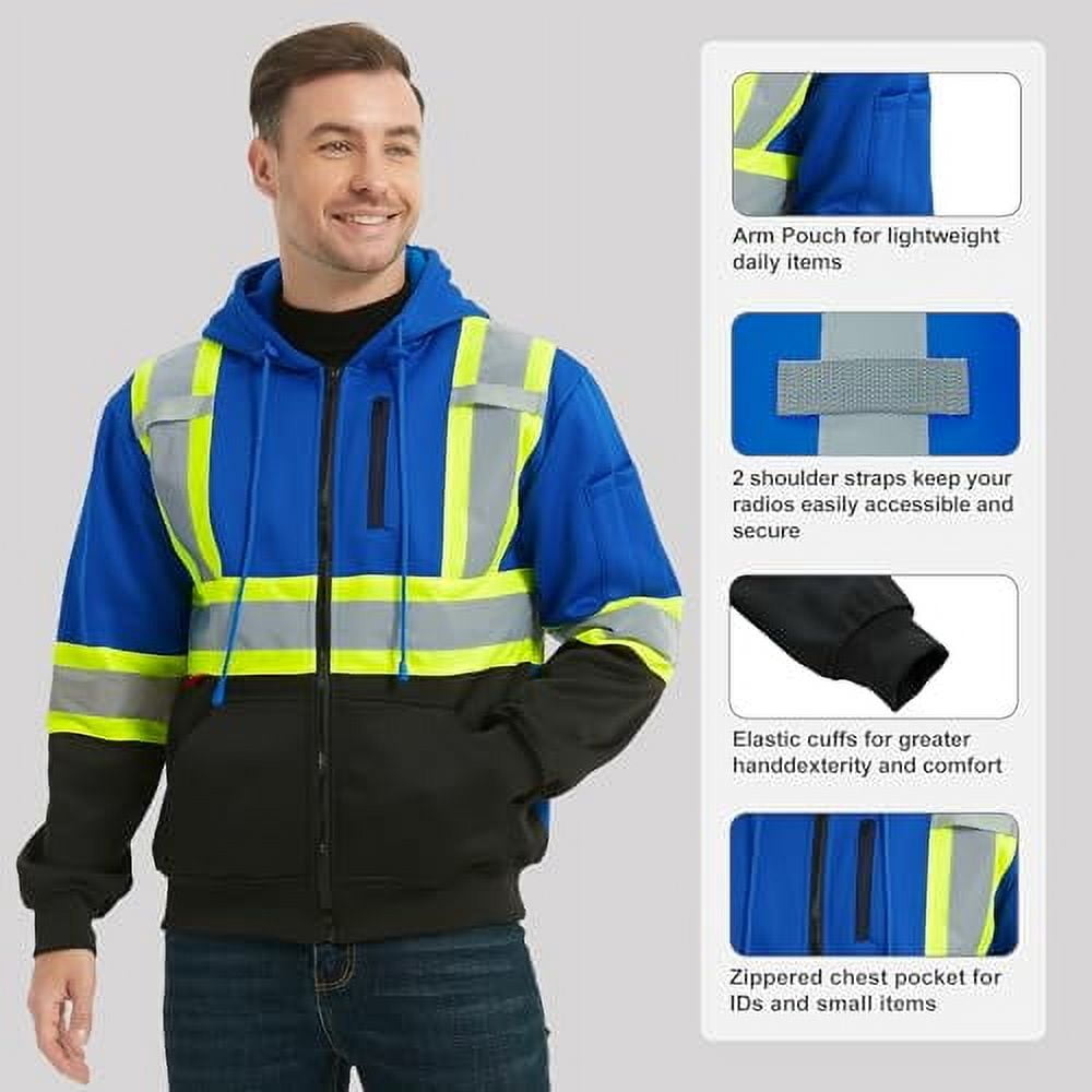 ProtectX High Visibility Safety Sweatshirt for Women Men, Class 3 Hi Vis Hoodie with large Pocket, Hooded Full-Zip Reflective Sweatshirt for Work & Construction, Blue, Large