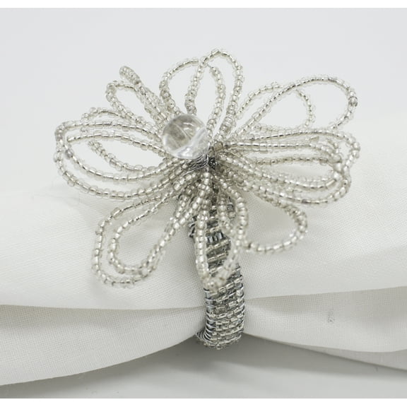 Fennco Styles Hand Beaded Flower Design Napkin Ring-Set of 4 (Silver)